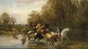 Kuhe mit Reiter am Wasser beim Zurichhorn, Rudolf Koller